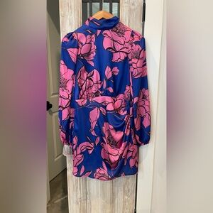 Lavender Brown Vibrant Blue Dress with Pink Floral Pattern
